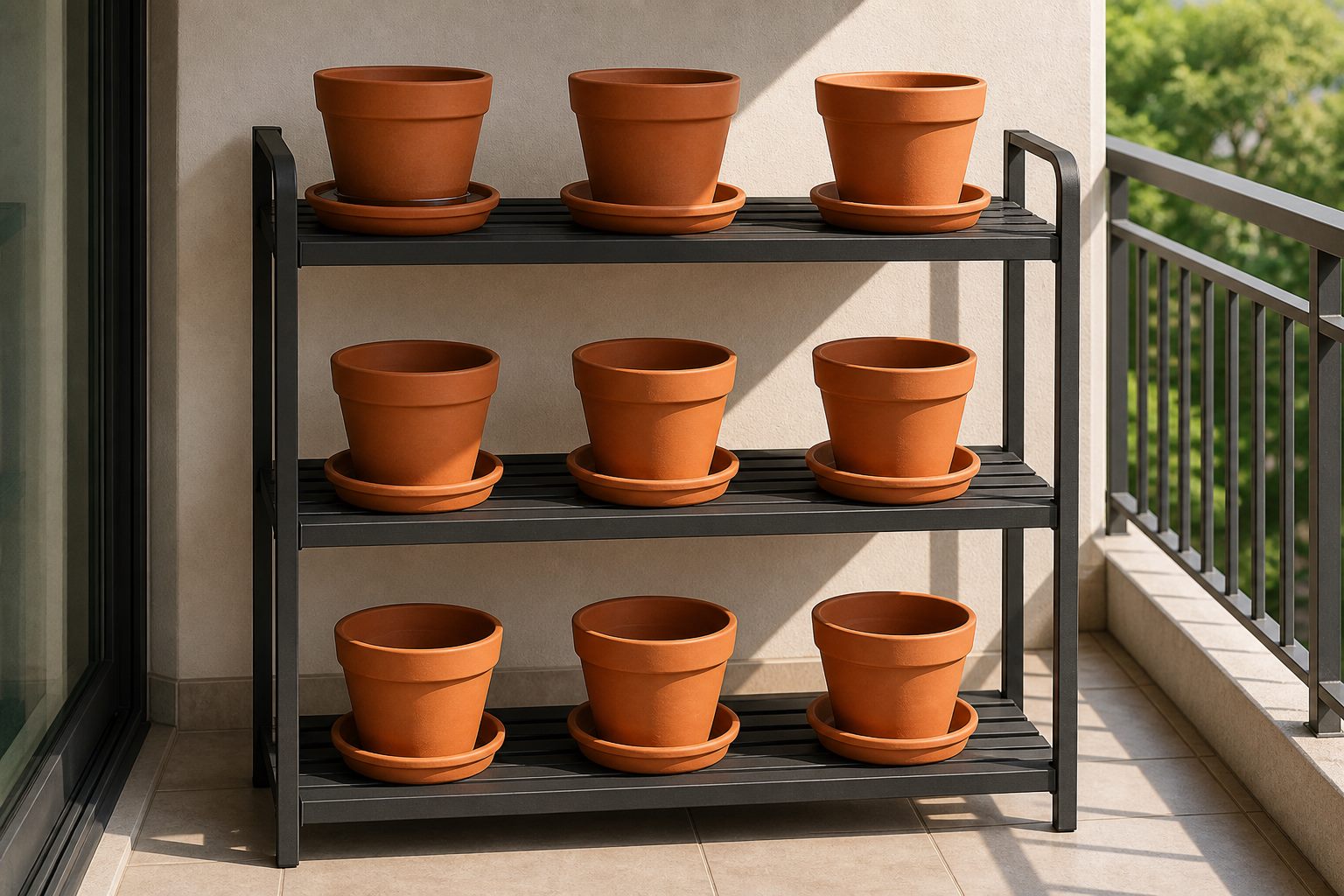 Estructura vertical vacía con sombras entre niveles y platos individuales bajo cada maceta